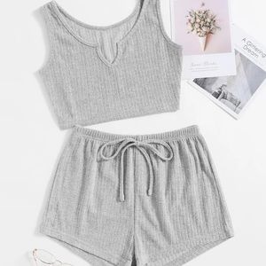Rib-knit notched drawstring lounge set